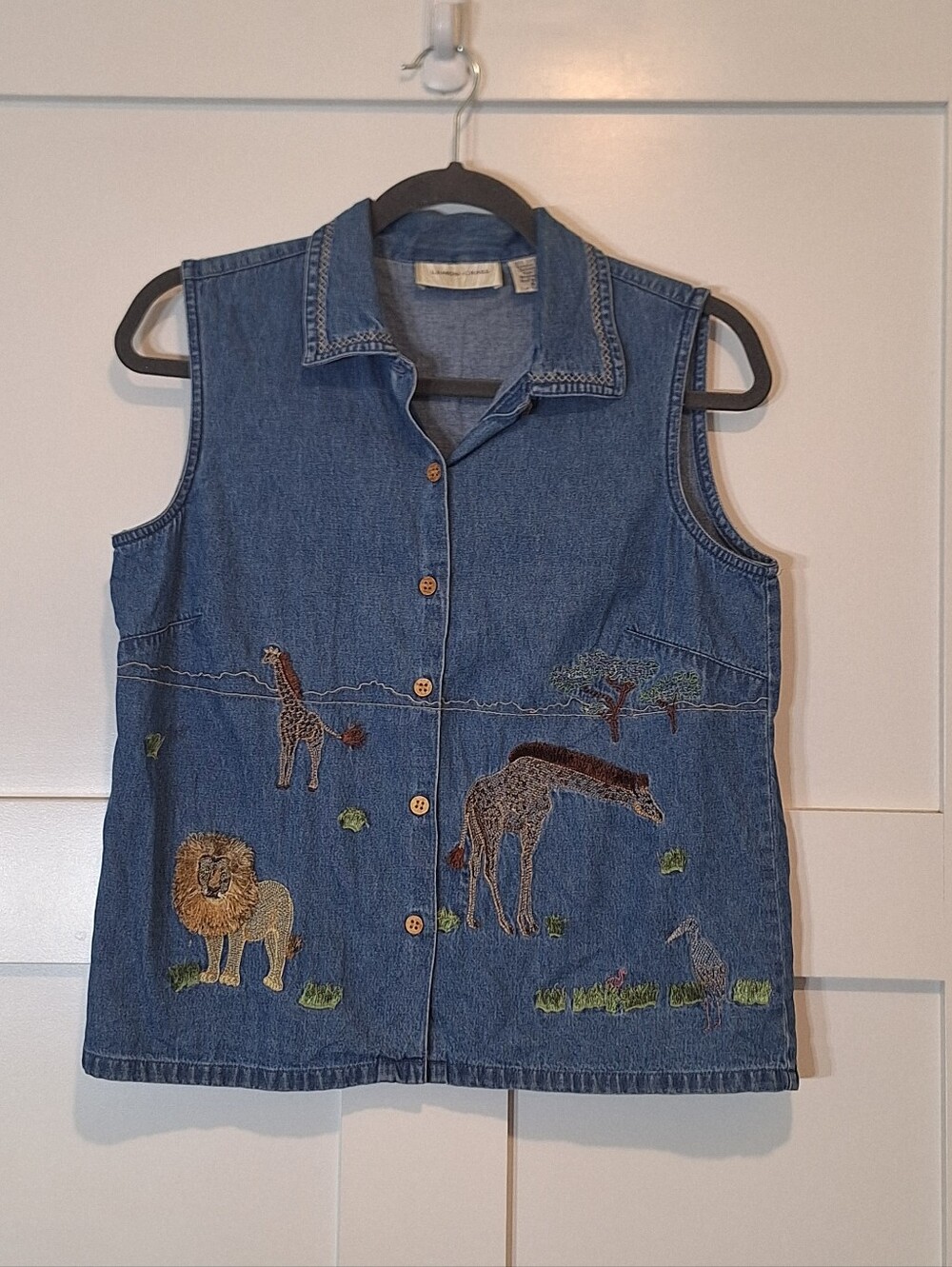 Lemon Grass Vintage Denim Safari Vest Button Front Embroidered Animals Cotton S
